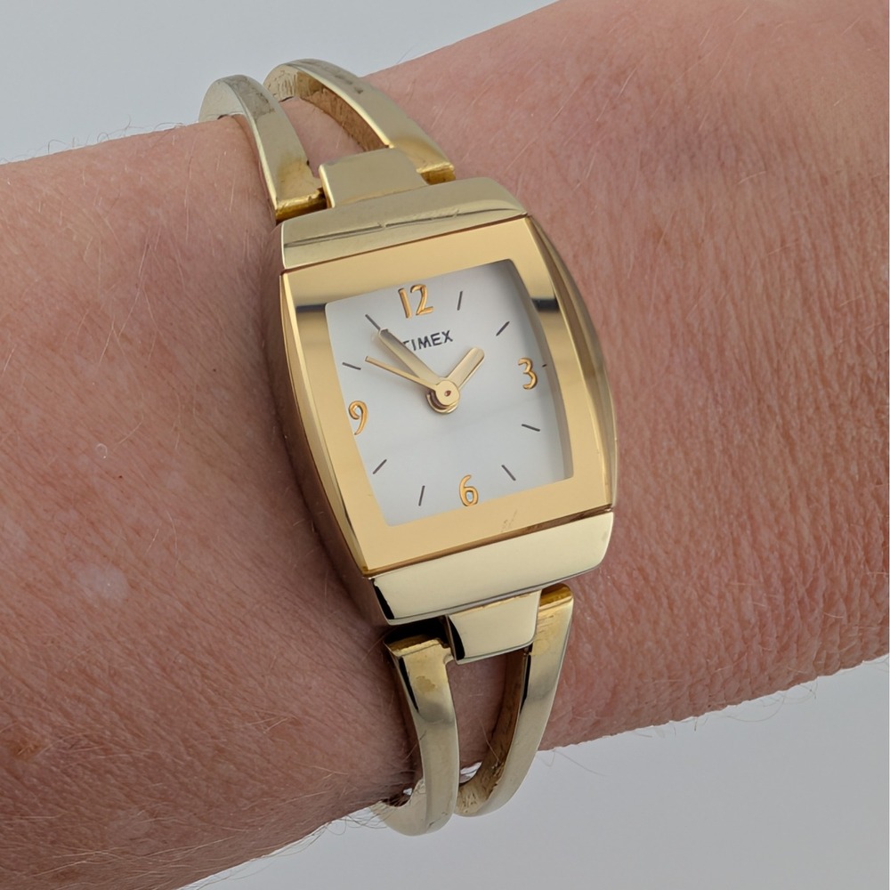 Timex Gold Tone Petite Bangle Cuff Watch White Dial Dress Watch Y2K - Picture 3 of 10